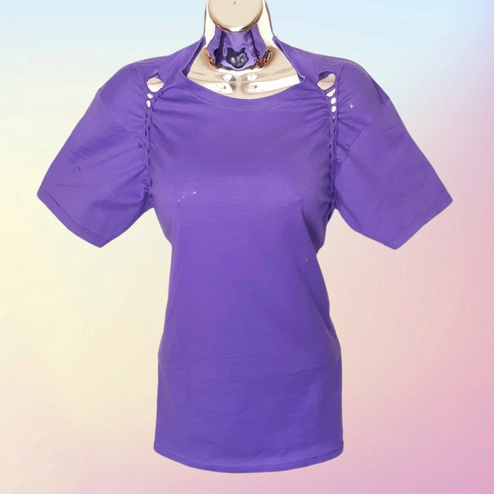 GROOVY GLAM Purple Handmade Braided Distressed Short Sleeve Tee Shirt